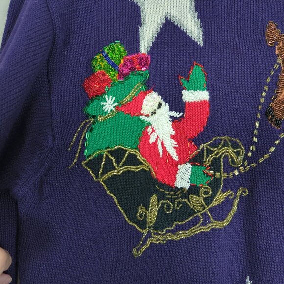 Vintage IB Diffusion Sport Christmas Purple Sweater L Santa Claus Beaded 90s - Picture 6 of 16